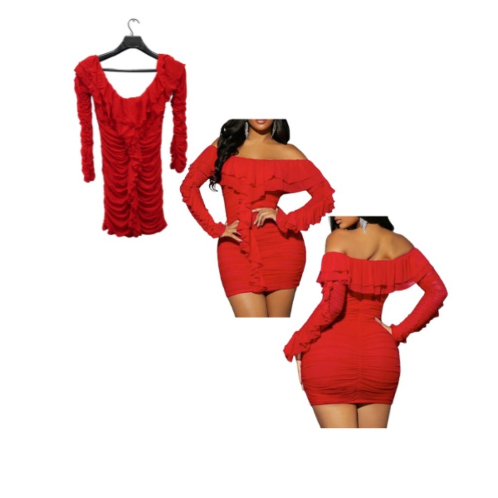 Sexy Off Shoulder Ruffle Trim Ruched Bodycon Dress (Size: Large)